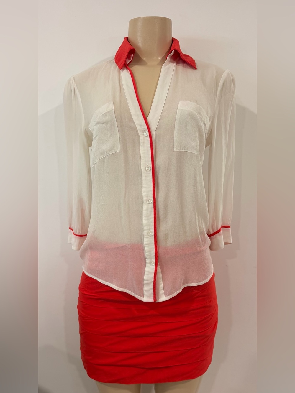 Bebe Sheer White Silk Blouse with coral Trim & Detachable coral Collar Y2K